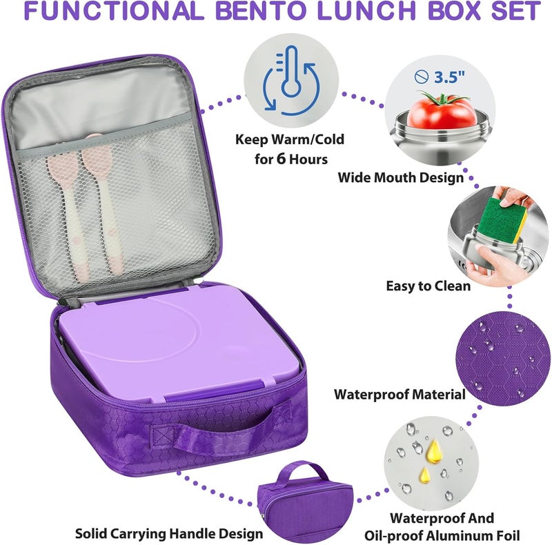 Howeemo Bento Lunch Box Set for Kids with 8oz Soup Thermo, Leak-Proof Lunch Containers with 4 Compartment, Kids Thermo Hot Food Jar and Insulated Lunch Bag for Kid to School-Purple - Image 2